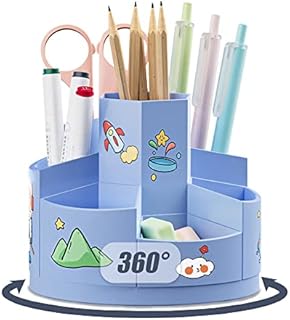 360° Rotatable Rotating Pen Caddy, Creative Pen Pot, Desktop Stationary Organizer, with 2 Piece Cartoon Stickers, with 7 Compartments and Anti Slip Mat, for Office Storage, Dressing Table (Blue)