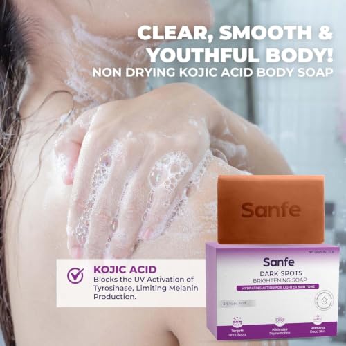 Image of Sanfe Dark Spots Brightening Skin Lightening Soap Pack Of 3 | 2% Kojic Acid, Hydrating & Vitamin C | Anti Aging & Sun Protection | Skin whitening soap for women| Tan Removal Hyperpigmentation & Glow Moisturizing Bath Soap for Men & Women Glowing Skin