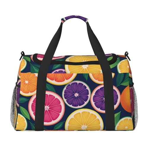 Citrus Fruit Print Travel Duffle Bag - Foldable Personal Item Travel Bag for Women & Men,Carry-On Convertible Crossbody Tote Bags with Adjustable Shoulder Strap & Pockets 13x10.2x19.7 in