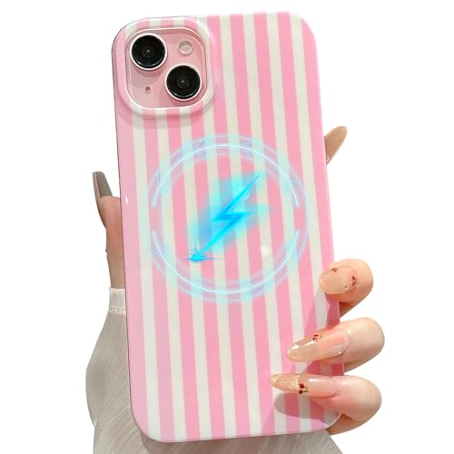 Jmltech Magnetic Cases for iPhone 15 Plus Case Striped Phone Case Cute Women Girly Trendy Compatible with MagSafe,Shockproof Slim Soft TPU and Hard PC Protective Cover Pink
