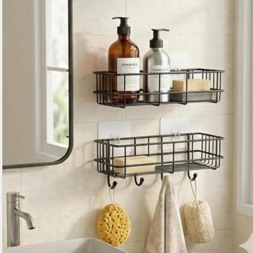 Image of Xmart India Bathroom Organiser Without Drill | Corner Shelf Rack | Self Adhesive Wall Mounted Storage Organizer for Bathroom & Kitchen | Organizer Storage Bathroom Shelve (2, 4 Hook)