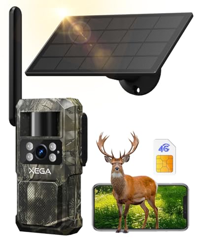Xega 4G LTE Cámara de Caza Solar con Tarjeta SIM, Cámara Fototrampeo sin WiFi, 7800 mAh Batería, Visión Nocturna 950nm Infrarrojos Invisible, Audio de 2 vías, 0,2s Activación, IP66 Impermeable