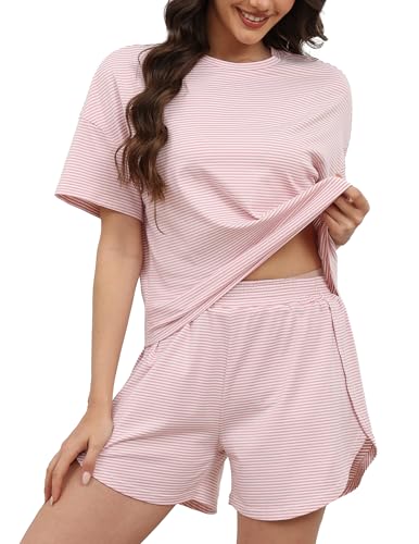 Image of Womens Pajama Sets Shorts 2 Piece Striped Matching Pjs Set Summer Split Soft Comfy Lounge Sleepwear