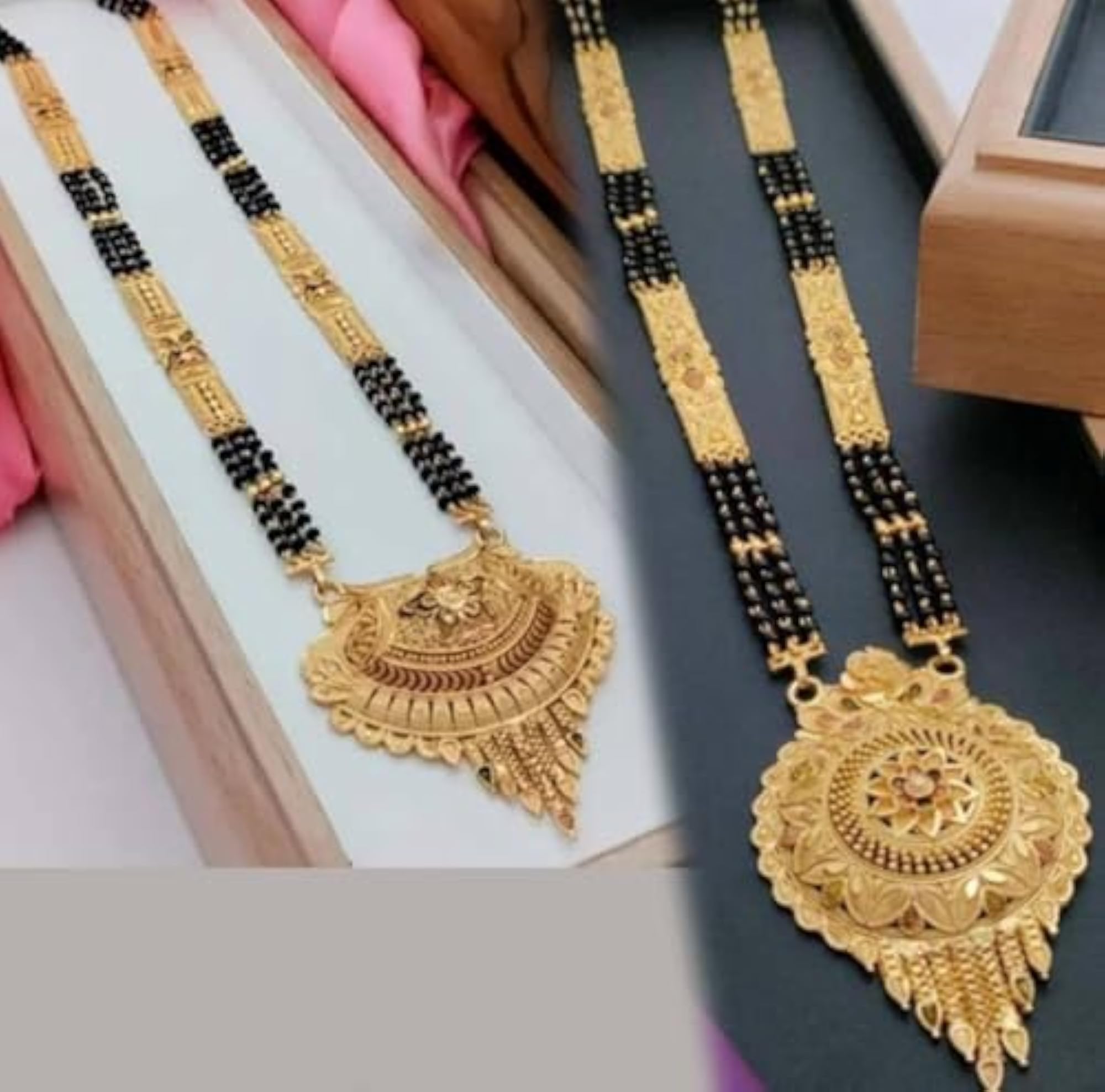 Women's Designer Long Mangalsutra Necklace with Black Beads