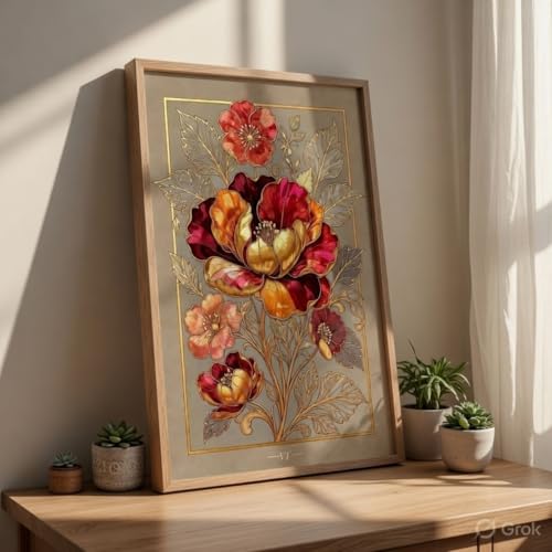 Image of SAF Golden Floral Wall Painting with Wooden Frame | Luxury Flower Artwork HD Wall Decor | Elegant Botanical Wall Art for Living Room Bedroom Office Home Decoration 13.5 Inch x 19.5 Inch