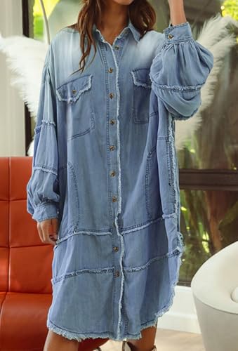 loveimgs Women Casual Long Denim Shirt Jacket Distressed Button Up Shacket Patchwork Boyfriend Denim Jean Cardigan2