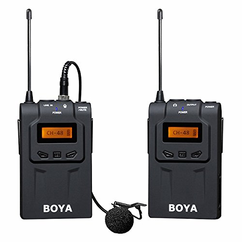 boya by-wm6 48-channel uhf wireless lavalier microphone system with omni-lav camera mount & 3.5mm xlr outputs (328-foot range)