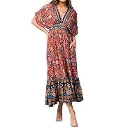 R.Vivimos Women's Summer Boho Floral Print Midi Dress Short Sleeve Deep V Neck Empire Waist Flowy...