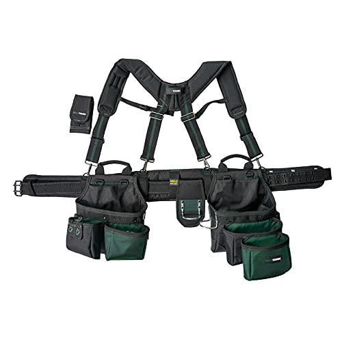 MELOTOUGH 26-Pocket Pro Framer's Combo Apron Tool Belt and Heavy Duty Padded Suspenders with Magnetic Desinger for Technician/Maintenance/Carpenter/and Electrician's Tools(Olive Green)
