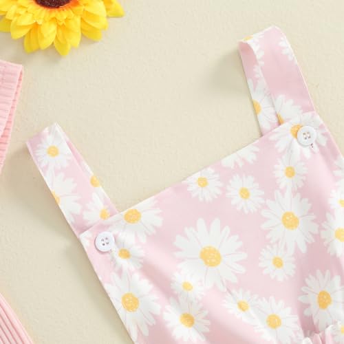 Image of Toddler Baby Girl Summer Clothes Kids Short Sleeve Solid T-Shirt Ruffle Daisy Skirts Overalls Dress Outfit 18M-6T