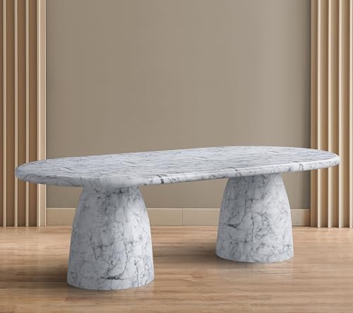 Image of Meridian Furniture 708White-T Cosenza Collection Art Deco 96 inch Indoor /Outdoor Concrete Dining Table with White Marble Finish, 96 inch W x 44.5 inch D x 30 inch H, White