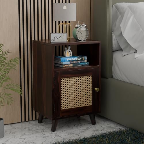 Image of Solid Sheesham Wood Bedside Table with Natural Cane Rattan Door & Open Shelf | Wooden Nightstand with Storage Cabinet | End Table for Bedroom (Walnut Finish)