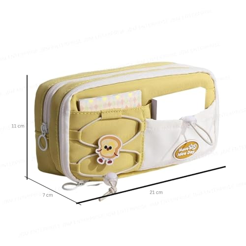 Image of Canvas School Bag Pencil Case, 3 Layer 6 Compartment Large Capacity, Aesthetic Pencil Pouch for Stationary, Cute Stationery for Kids, Pencil Case for Girls & Boys (Nice Day Yellow)