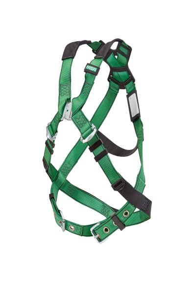 Image of MSA 10206058 V-Form Full Body Safety Harness - Size: Standard (Medium), D-Ring Configuration: Back, Tongue Buckle Leg Straps, Color: Green, Full Body Harness, Durable