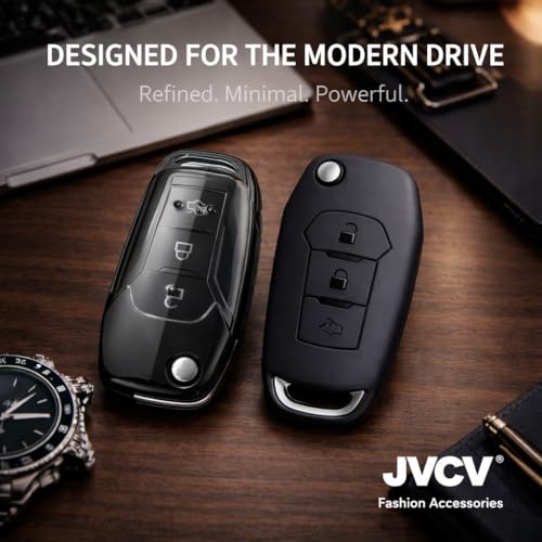Image of JVCV Premium Soft TPU Key Cover Compatible with with Ford Endeavour Figo Aspire Freestyle 3 Button Folding Key | 360 Protection Case (Combo - Matte Black & Transparent)
