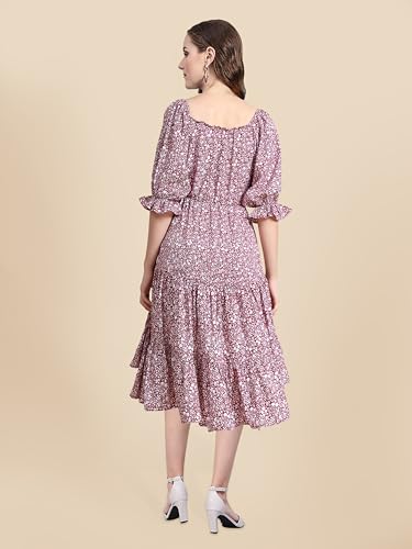 Image of Toochki Women's Maroon Muslin Floral Fit & Flared Western Dress | Dress for Women | A line Dress | Winter Dress | Western Dress | Women Dress | Trendy Dress | Midi Dress