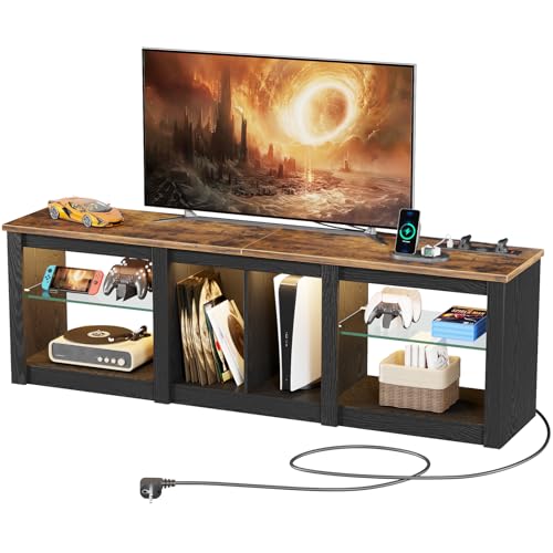 OCTORO TV Schrank, 160cm Lowboard mit RGB-LED-Leuchten und Steckdosen, Fernsehschrank mit Abnehmbare Glasablage, Offenen Stauraum, für Wohnzimmer, Schlafzimmer, Schwarz-Vintagebraun