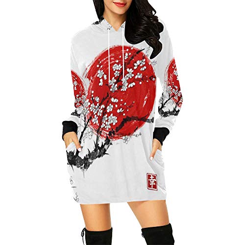 InterestPrint Japanese Cherry Blossom Women's Long Sleeve Hoodie Mini Dress Sweatshirt Medium