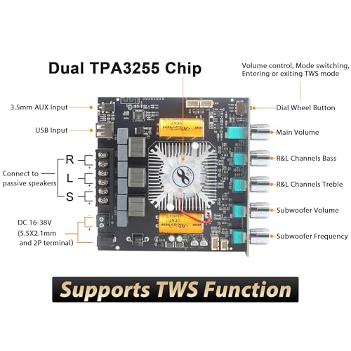 Image of ZK-AS21 2nd Gen 2.1 Channel Bluetooth Power Amplifier Board with TWS, 220Wx2 + 350W, TPA3255 Chip, Vehicle Amp with Bluetooth /AUX /USB Inputs