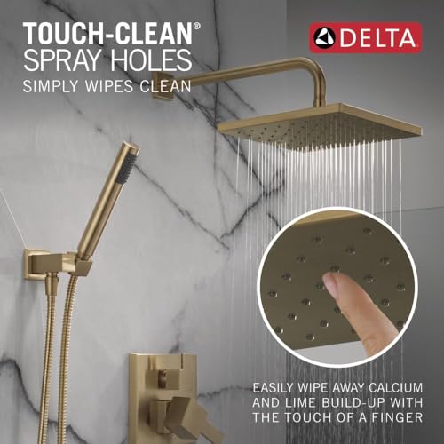 Image of Delta Modern 14 Series Square Rain Shower System Faucet Set, Rainfall Brushed Gold Shower Head and Handle Set, Valve Trim Kit, 10 Inch, Champagne Bronze 342701-CZ