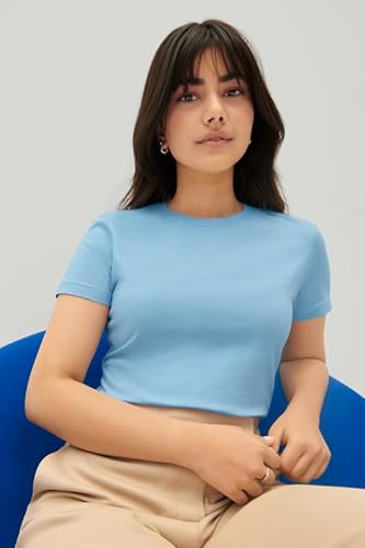 Pack de 2 camisetas para mujer, monocolor, ajustadas, cuello redondo, realzan la figura, extrasuaves, 100% algodón, azul claro, S