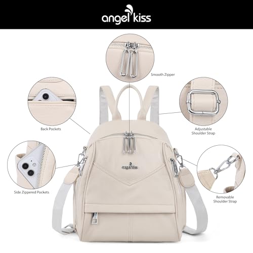 Image of Angel Kiss Small Backpack Purse for Women,Soft Vegan Leather Roomy Backpacks,Designer Ladies Shoulder Backpack Fashion Handbag with Removable Strap,Beige