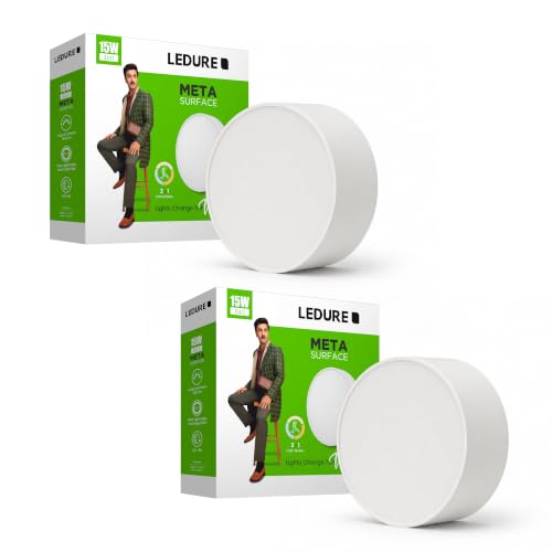 Image of LEDURE 15W LED Meta Surface Downlight | Round Surface Mount Ceiling Light for Indoor Use | Energy Efficient LED Downlight for Home, Living Room | 3in1 Colour Changing for Ceiling | Pack of 2