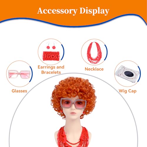Image of Women Roper Curly Orange Red Cosplay Wig with Necklace Earrings and Sunglasses for Women Hallween Costume Wig