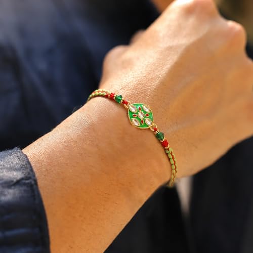 Image of Peora Rakhshabandhan Thread Rakhi for Brother Bhaiya | Crystals & Kundan Studded | Combo, Set of 3 | Rakhi Hamper with Roli Chawal & Greeting Card