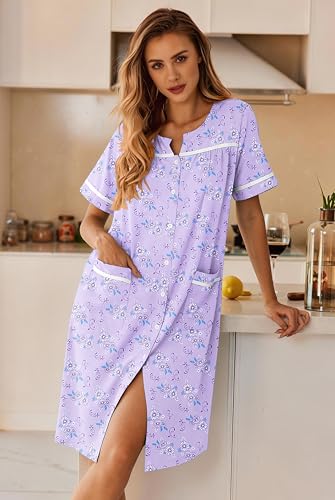 Image of Ekouaer Nightgowns for Women House Dress with Pockets Button Down Sleepshirt Short Sleeve Nightshirt Housecoat