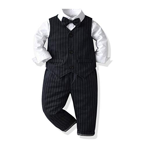 Little Boys Gentleman Formal Suit Set with Vest,Pant,Shirt,and Bow Tie,Baby Boys Long Sleeve Wear Weding 4Pcs Outfit
