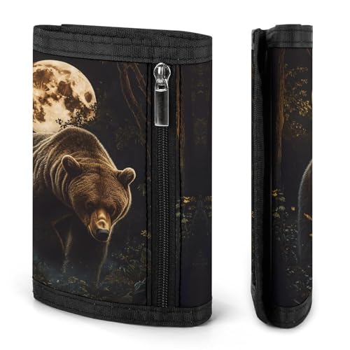Grizzly Bear Walking Through Forests Trifold Wallets for Men with ID Window Thin Card Holder with Zipped Coin Pocket and Keychain3
