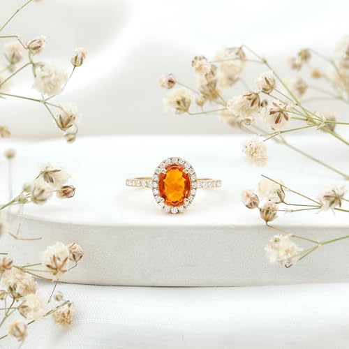 Certified Fire Opal 6X8mm Oval Engagement Ring, AAA Quality, Natural Opal Diamond Halo Ring for Women3