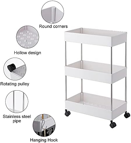 Beowanzk 3 Tier Trolley,Kitchen Bathroom Storage Trolley on Wheels, Rolling Utility Cart Storage Shelf Rack Multi-purpose Shelving Organizer for Office, Bedroom,Laundry Room, White