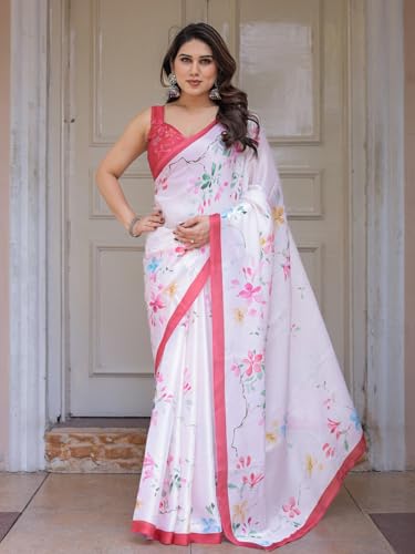 Image of ALMAARI FASHION Women's Floral Printed Georgette Satin Saree with Unstitched Blouse Piece | Traditional Ethnic Wear Sarees | Soft Lightweight Ethnic Office Wear Daily Wear Indian Sari (SG 181-190 F)