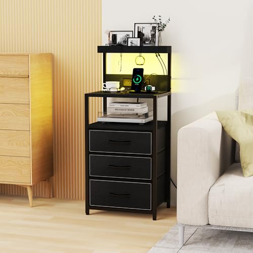 SZLHANJZ LED Nighstand with Charging Station, Dresser Nightstand with 3 Drawers and LED Lights, Storage Side Table with 3 Shelf and Hooks, Bedroom End Table for Bedside, Modern Black