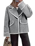 Cicy Bell Womens Cropped Wool Jacket Embroidered Contrast Trims Blazer Fall Short Pea Coat with Pockets