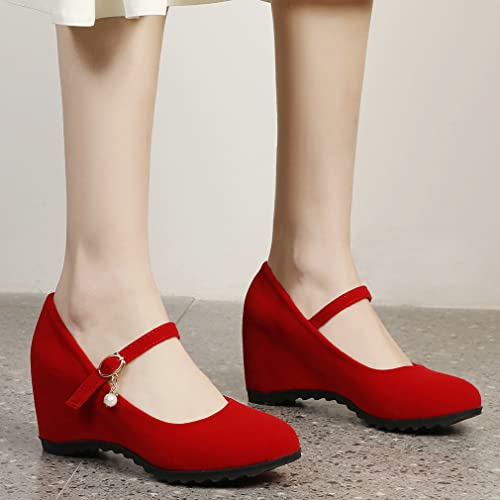 Parisuit Womens Round Toe Mary Jane Wedge Shoes Ankle Strap Heeled Pumps3