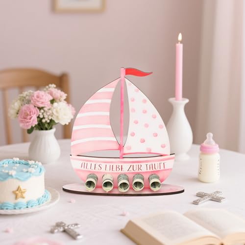 Taufgeschenke Jungen Und Mädchen, Persönliches Holz Segelboot Als Geschenk Zur Taufe, Mit Taufkarte, Geldgeschenk Idee, Einzigartiges Erinnerungsstück Zur Taufe (Rosa)