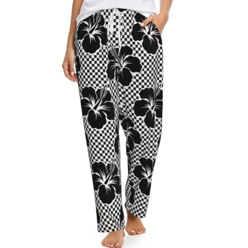 PrelerDIY Women'S Large Hibiscus Flower Black And White Checkerboard Flannel Pajama Pants Soft Lounge Sleep Pants Pj Bottoms With Pockets & Drawstring Large
