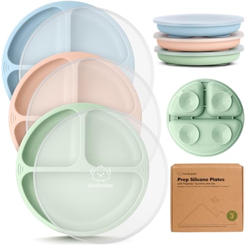 Image of KeaBabies Suction Plates with Lids for Baby - 3-Pack 100% Silicone Toddler Plates with Suction, Divided, BPA-Free Baby Led Weaning Essentials for Kids, Dishwasher, Microwave Safe, Durable (Mellow)