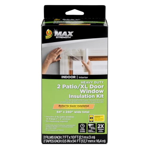 Image of Duck MAX Strength Window Insulation Kit, Winter Window Seal Kit Fits Patio Doors & Large Windows, Heavy Duty Shrink Film Insulator, Indoor Installation, Window Tape Included, 84 inch x 120 inch, Clear, 2 Pack