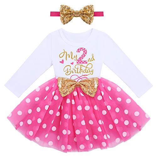 2. Geburtstag Mädchen Outfit Cake Smash Party Baby Fotoshooting Langarm Prinzessin Tütü Tüllkleid+Pailletten Stirnband 2tlg Bekleidungssets Babykleidung Rosenrot Polka Dot-2nd 2 Jahre