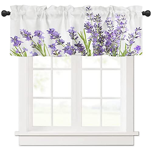 Blackout Short Valance Curtain Waterproof Soft Rod Pocket Kitchen Valance Curtain Tiers Drapes For Bathroom Window Room Darkening Small Curtain For Bedroom, 54"X18"Watercolor Lavender Flower #TOP4