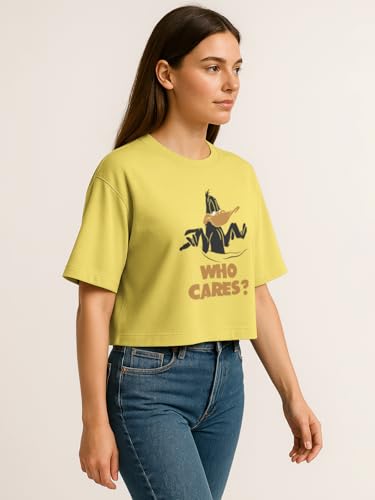 Image of HELLCAT Beige Printed Loose Fit Crew-Neck Crop T-Shirt for Women