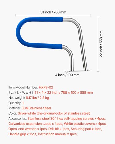 Image of VEVOR Pool Rail, 31 x 22 inch Pool Handrail, 220 lbs Load Capacity Heavy Duty 304 Stainless Steel Swimming Handrail, Detachable Nonslip Sleeve, Rich Accessories, for Poolside, Water Parks, Spa Centers