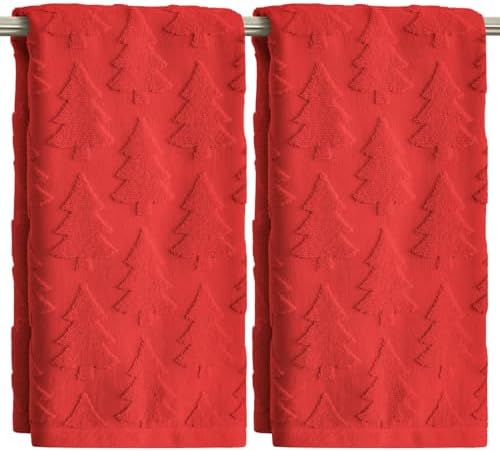 2 Pcs Red 3D Xmas Tree Jacquard Christmas Hand Towels