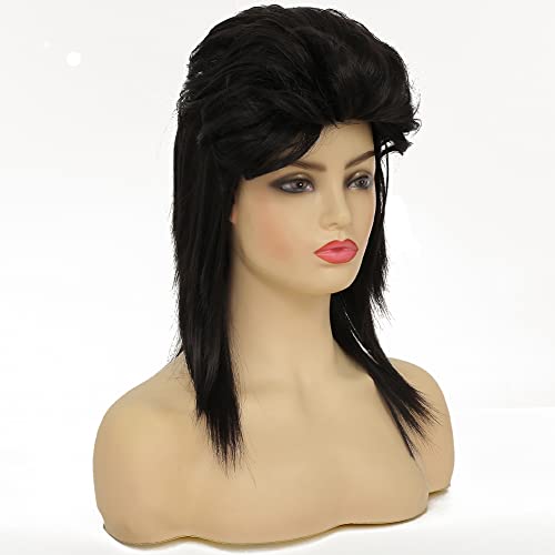 Image of Swiking Black Mullet Wigs for Women Curly Shoulder Length Fluffy Hair 70s 80s Rocker Party Cosplay Synthetic Wigs (Black)