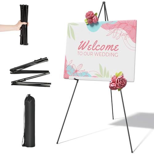 Ausune Easel Stand for Wedding Sign Poster 63'' Instant Display Easel for Floor Adjustable Metal Art Easel, Easy to Carry Tripod & Canvas Stand Art Easels for Display Painting Canvas, Wedding Signs, Presentations, Posters (Black)