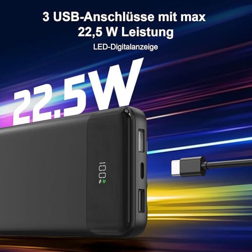 Powerbank 20000 mAh mit Integrierten 3 Kabeln, 22,5 W Schnellladung Power Bank Tragbares Ladegerät PD 3.0 QC 3.0 USB-C EIN- und Ausgang Externe Handyakkus für iPhone, Samsung, und mehr 5